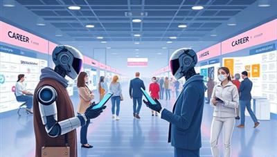 An illustrative depiction of a virtual career fair with AI avatars guiding individuals through different career booths, exchanging information and insights, symbolizing a futuristic and personalized approach to career navigation.