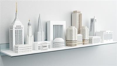 An array of 3D printed architectural models displayed on a sleek modern shelf, showcasing a miniature cityscape, iconic buildings, and intricate architectural details to captivate the imagination of architects and design enthusiasts.