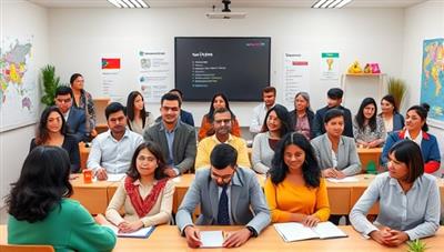 A vibrant virtual classroom setting with diverse avatars engaging in language lessons, exchanging cultural insights, and practicing language skills through interactive exercises, fostering a dynamic and inclusive learning environment.