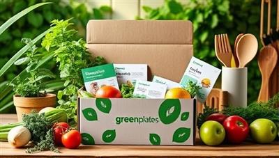 A visual representation of a GreenPlates meal kit box filled with fresh produce, recipe cards, and eco-friendly packaging, set against a backdrop of lush greenery and sustainable kitchen utensils, conveying a message of eco-consciousness and health-focused meal solutions.