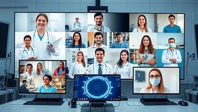 A virtual medical consultation scene with a diverse group of healthcare professionals and patients interacting on screens, surrounded by medical devices and digital health tools, illustrating seamless remote healthcare consultations and technological advancements in telehealth.