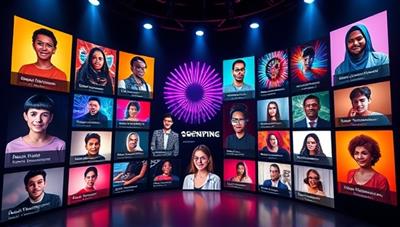An immersive visual of a digital talent showcase featuring vibrant profiles of diverse creatives, designers, and performers, with interactive elements highlighting their work and achievements, creating a dynamic and engaging virtual experience for talent discovery.