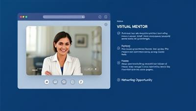 An interactive platform interface displaying a virtual mentorship session between a legal mentor and mentee, featuring video conferencing tools, resource sharing capabilities, and networking opportunities, symbolizing guidance, support, and career development in the legal community.