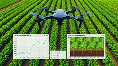An aerial view captured by a drone showing lush green farmland with rows of crops, overlaid with data visualizations indicating crop health metrics and soil conditions, portraying the power of aerial insights in agriculture.