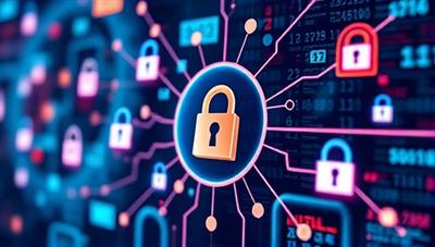 An abstract digital artwork representing data security and privacy, featuring interconnected lock icons, shield symbols, and encrypted data streams in a futuristic and cyber-secure aesthetic, symbolizing protection and digital fortification.