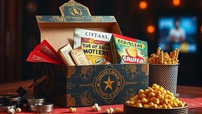 An artistic composition showcasing a beautifully designed mystery box filled with movie-themed goodies like popcorn, film tickets, cinema snacks, and a hint of a classic movie poster peeking out, creating anticipation and excitement for subscribers.