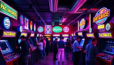 A colorful arcade lounge filled with flashing lights, retro gaming cabinets, and enthusiastic players immersed in classic games like Pac-Man, Space Invaders, and Street Fighter, evoking a nostalgic and vibrant gaming atmosphere.