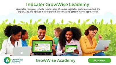 An educational graphic featuring a diverse group of learners engaging in online courses on agriculture, with interactive modules, quizzes, and resource materials displayed on their screens, highlighting the dynamic and engaging learning experience on GrowWise Academy.