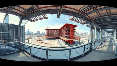 An immersive virtual reality experience showcasing a construction project from different angles, with detailed textures, lighting effects, and interactive elements that bring the design to life, highlighting the capabilities of BuildVisio's visualization service.