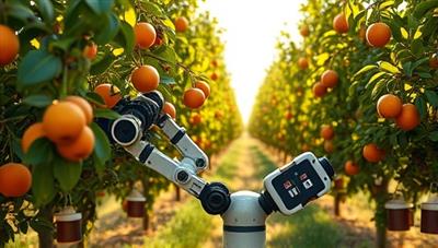 An innovative robotic harvester in action, delicately picking ripe fruits from trees in a sunlit orchard, with precision and efficiency, showcasing the future of automated harvesting technology in agriculture.