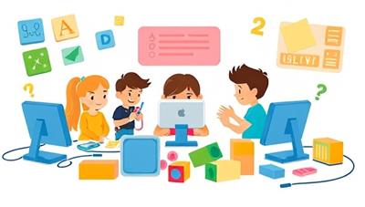 An illustration of children engaged in a coding workshop, surrounded by computers and colorful coding blocks, conveying the interactive and educational environment of the Online Coding Bootcamp for Kids, inspiring young minds to learn and create with code.