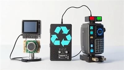 An innovative tech product upcycled from old electronics, showcasing the transformation process and creative design elements, symbolizing the concept of recycling and repurposing e-waste in a visually appealing and sustainable manner.