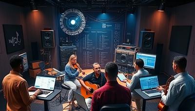 An artistic representation of a virtual music studio environment with musicians of diverse backgrounds interacting with mentors and peers through digital interfaces, capturing the essence of collaboration and learning in the music industry.