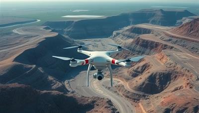An aerial shot of a mining site captured by a drone, showcasing the detailed topographical data and mapping accuracy achieved through drone surveying services, emphasizing the benefits of this advanced technology for mining operations.