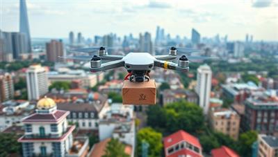 An aerial view of a cityscape with a drone carrying a food delivery package, flying over rooftops and green spaces, symbolizing the eco-friendly and efficient delivery service of EcoFlyEats.