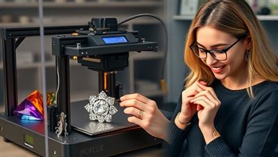 A vibrant image of a 3D printer crafting a delicate jewelry piece, surrounded by colorful gemstone designs and a customer happily receiving their custom-made jewelry, evoking creativity and personalization.