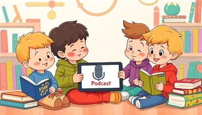 An imaginative illustration of colorful cartoon characters listening to a podcast on a tablet, surrounded by books and educational toys, conveying a fun and educational atmosphere for young listeners.