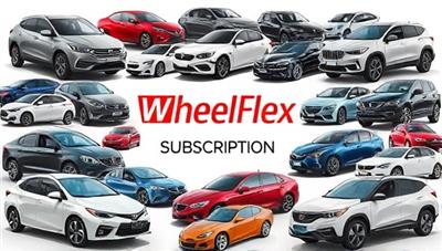 A dynamic collage of different vehicle types, from compact cars to luxury sedans, symbolizing the diverse options available through the WheelFlex Subscription service, appealing to customers' desire for variety and flexibility.