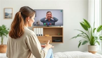 A virtual mental health coaching session scene with a therapist guiding a client through relaxation techniques and stress management strategies via video call, creating a safe and nurturing online therapy environment focused on emotional well-being and self-care.