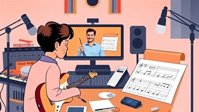 A virtual music mentorship session illustration showing a young musician receiving guidance and feedback from a mentor via a video call, with musical instruments, sheet music, and recording equipment in the background, creating a supportive and inspiring virtual mentorship environment for teen musicians.