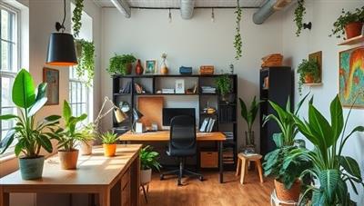 A visually appealing studio workspace featuring eco-friendly design elements like plants, recycled materials, and energy-efficient lighting, reflecting the sustainable ethos of GreenWeb Creations.