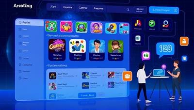An AI-powered interface displaying colorful gaming icons, personalized recommendations, and user avatars interacting with the platform, showcasing a seamless and engaging user experience.
