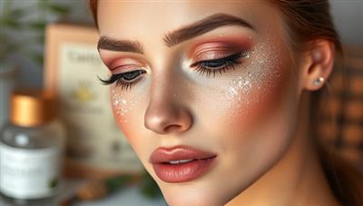 A dazzling and eco-friendly makeup look featuring biodegradable glitter eyeshadow and highlighter, applied to create a mesmerizing shimmer effect, with eco-conscious packaging and natural elements in the background, conveying a harmonious blend of beauty and sustainability.