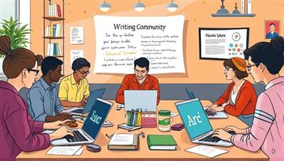 An artistic depiction of a virtual writing community, with diverse individuals typing on laptops, sharing stories on digital screens, and engaging in lively discussions in a virtual setting that reflects creativity and collaboration.