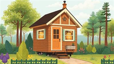 An artistic illustration of a picturesque tiny house surrounded by nature, featuring innovative space-saving solutions and stylish design elements, evoking a sense of cozy and sustainable living.