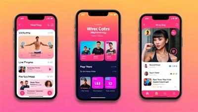 A sleek and modern app interface displaying workout routines, progress trackers, and live coaching sessions, with vibrant colors and motivational quotes to inspire users to stay active and healthy.