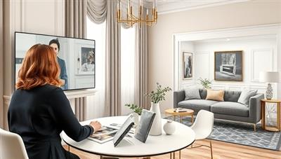 An elegant virtual interior design studio with a designer presenting a room makeover concept to a client via video call, mood boards and fabric samples displayed on a virtual design table, and a 3D room visualization showing the proposed design changes, illustrating the creativity and personalization of DesignVista Virtual's virtual interior design consultations.