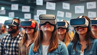 A diverse group of individuals wearing VR headsets engaged in virtual language learning sessions, with digital language exercises floating around them in a futuristic setting, symbolizing the blend of technology and education.