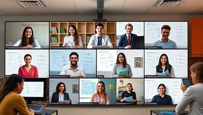 An engaging virtual classroom environment with a diverse group of students and tutors interacting through video calls and digital whiteboards, displaying a dynamic and interactive online tutoring experience.