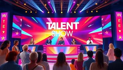 A vibrant and diverse virtual talent show stage featuring contestants from various backgrounds showcasing their talents, with virtual judges and a cheering audience, creating a lively and inclusive online talent show atmosphere.