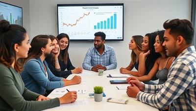 A group of diverse and enthusiastic millennials engaged in a real estate investment workshop, with charts and property market data displayed on screens, a consultant sharing insights, and collaborative brainstorming sessions, reflecting a dynamic and inclusive approach to millennial wealth-building through property investments.