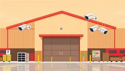 An illustration of a warehouse exterior with IoT cameras installed at strategic locations, connected to a central monitoring station displaying live feeds and alerts, conveying a sense of security and surveillance efficiency in remote monitoring.