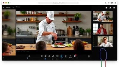 An online cooking class session featuring a chef demonstrating a culinary technique with fresh ingredients and kitchen tools, with a virtual audience following along and interacting through a live streaming platform, capturing the immersive and educational experience of ChefStream's online cooking classes.