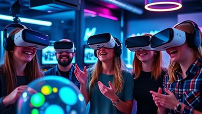 An eye-catching image of a group of friends wearing VR headsets, fully engaged and excited as they interact with virtual elements in a futuristic gaming lounge setting, with neon lights and high-tech equipment in the background.