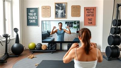 An online fitness coaching session with a virtual trainer demonstrating exercise routines to a client via video call, surrounded by fitness equipment, motivational posters, and healthy snacks, creating a supportive and energizing workout environment that inspires progress and fitness success.
