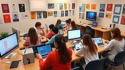 A vibrant language lab setting with students engaged in interactive language exercises on tablets and computers, practicing conversations and vocabulary with virtual tutors, creating a dynamic and tech-driven learning environment at LingoTech Lab.