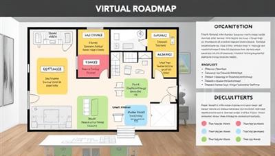 A virtual home organization consultation scene featuring a digital floor plan layout with color-coded organization zones, storage solutions, and decluttering checklists, creating a visual roadmap for clients to streamline their living spaces and enhance their daily routines.
