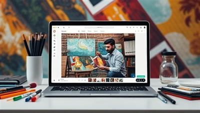 An online platform interface displaying a digital art masterclass session with a renowned artist demonstrating painting techniques, surrounded by digital art tools and a vibrant artistic environment, representing the immersive and educational experience of Artistry Masterclass in digital art education.