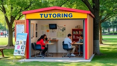 A vibrant and inviting pop-up tutoring pod in a park setting, with tutors assisting students at small individual stations, surrounded by educational posters and learning materials, creating a dynamic and engaging learning environment.