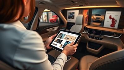 An elegant mockup of a virtual car interior design consultation session, featuring a designer showcasing fabric swatches and design concepts on a digital tablet, surrounded by luxurious interior samples and mood boards, reflecting the sophistication and customization options offered by the service.