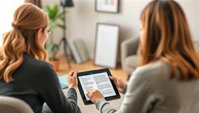 A professional coach providing personalized writing feedback to a client in a virtual coaching session, with a focus on the client's writing samples displayed on a tablet screen, creating a supportive and educational environment for skill development.