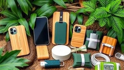 An assortment of sustainable tech accessories displayed in a natural setting, featuring bamboo phone cases, recycled plastic chargers, and plant-based cable organizers, surrounded by lush greenery and eco-conscious design elements, promoting a harmonious blend of technology and sustainability.