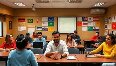 A dynamic virtual classroom setting with diverse avatars engaging in language learning activities, interactive language exercises, and cultural immersion experiences, illustrating the vibrant and interactive learning environment of LinguaLink Virtual for aspiring language learners worldwide.