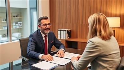 An image of a tax advisor sitting across a desk from a client, discussing tax documents and strategies in a personalized and consultative setting, exuding trust and expertise.