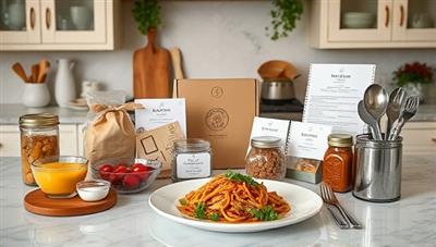 An elegant and inviting kitchen setting with a variety of gourmet ingredients, recipe cards, kitchen tools, and a beautifully plated dish, creating a culinary experience that captures the essence of the Chef's Delight Box subscription service.