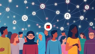 An engaging digital illustration representing a diverse group of people connecting through virtual nodes, symbolizing the peer-to-peer sharing of insurance coverage and mutual support within a community, showcasing innovation and collaboration.